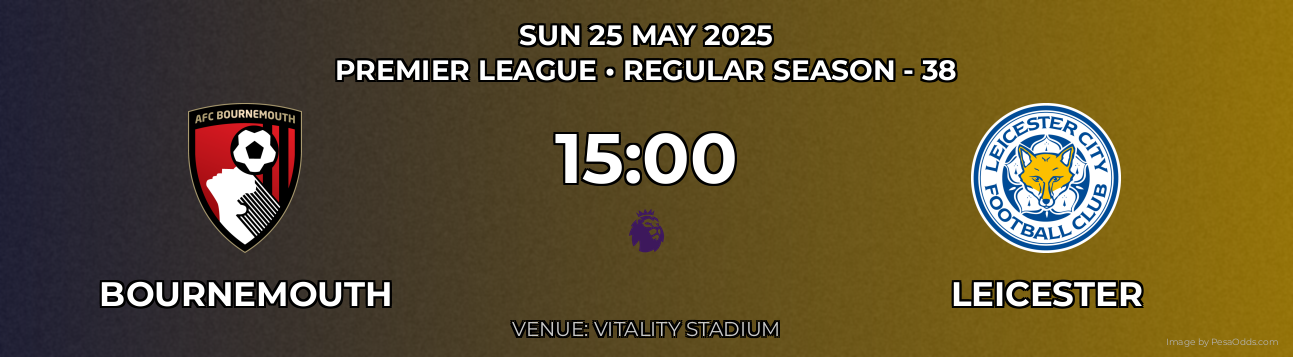 Bournemouth vs Leicester Prediction match poster for Premier League fixture on SUN 25 MAY 2025