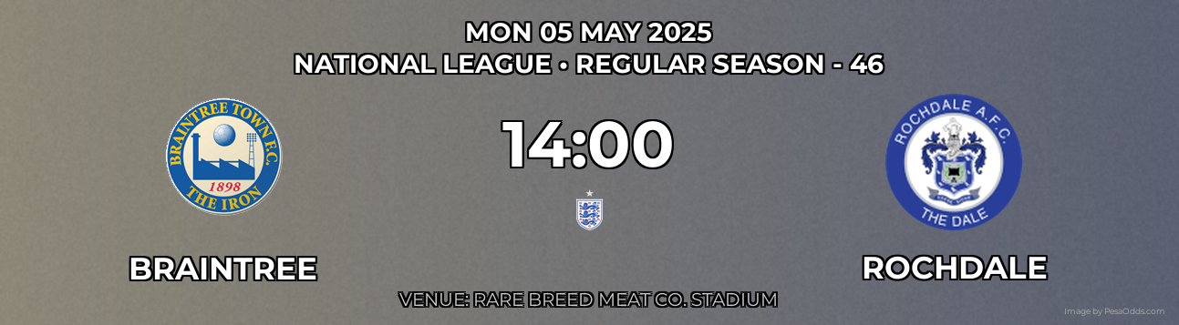 Braintree vs Rochdale Prediction match poster for National League fixture on MON 05 MAY 2025