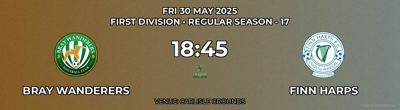 Bray Wanderers vs Finn Harps Prediction match poster for First Division fixture on FRI 30 MAY 2025