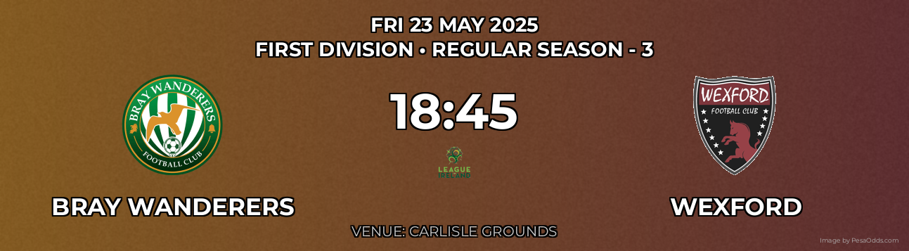 Bray Wanderers vs Wexford Prediction match poster for First Division fixture on FRI 23 MAY 2025
