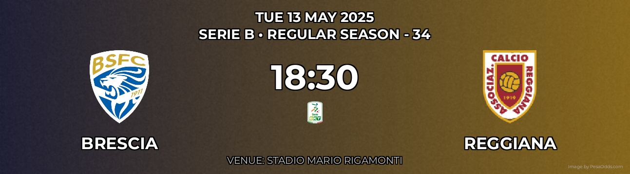 Brescia vs Reggiana Prediction match poster for Serie B fixture on TUE 13 MAY 2025