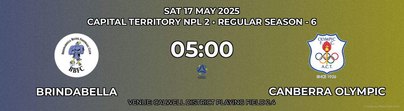 Brindabella vs Canberra Olympic Prediction match poster for Capital Territory NPL 2 fixture on SAT 17 MAY 2025
