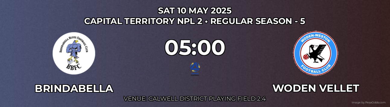 Brindabella vs Woden Vellet Prediction match poster for Capital Territory NPL 2 fixture on SAT 10 MAY 2025