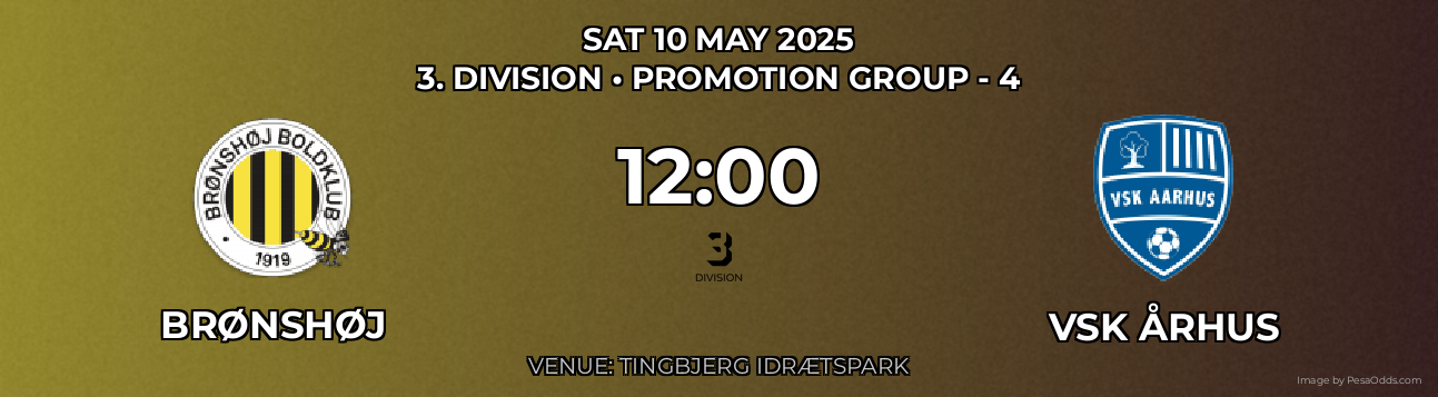Brønshøj vs VSK Århus Prediction match poster for 3. Division fixture on SAT 10 MAY 2025