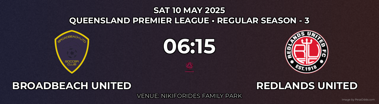 Broadbeach United vs Redlands United Prediction match poster for Queensland Premier League fixture on SAT 10 MAY 2025