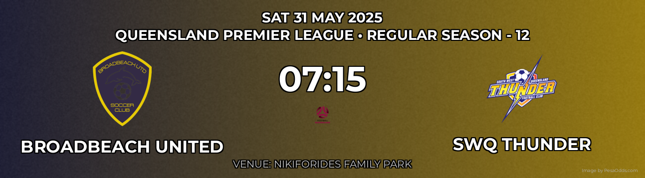 Broadbeach United vs SWQ Thunder Prediction match poster for Queensland Premier League fixture on SAT 31 MAY 2025