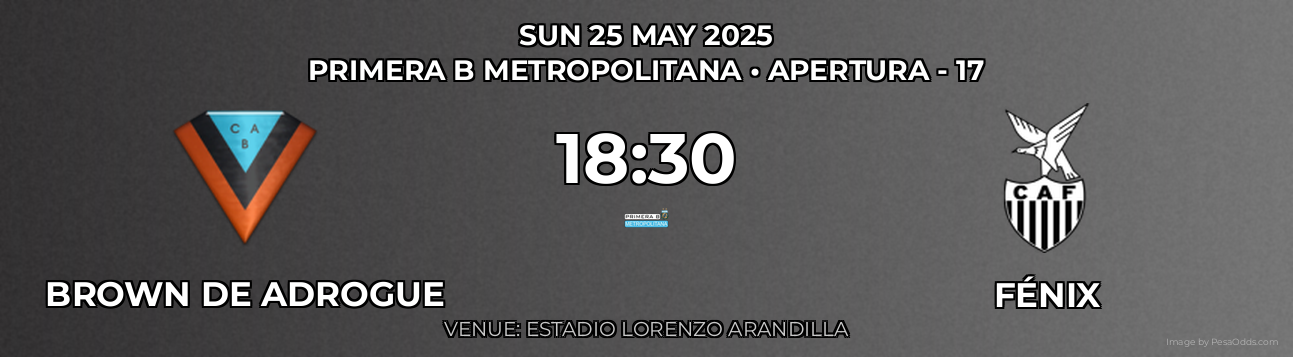 Brown DE Adrogue vs Fénix Prediction match poster for Primera B Metropolitana fixture on SUN 25 MAY 2025