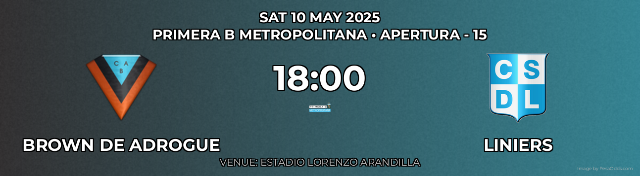 Brown DE Adrogue vs Liniers Prediction match poster for Primera B Metropolitana fixture on SAT 10 MAY 2025