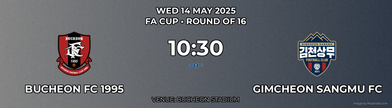 Bucheon FC 1995 vs Gimcheon Sangmu FC Prediction match poster for FA Cup fixture on WED 14 MAY 2025