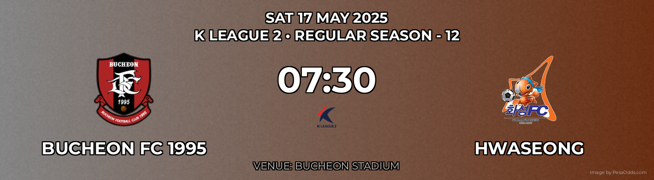 Bucheon FC 1995 vs Hwaseong Prediction match poster for K League 2 fixture on SAT 17 MAY 2025
