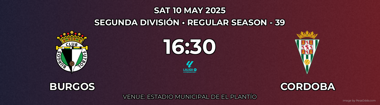 Burgos vs Cordoba Prediction match poster for Segunda División fixture on SAT 10 MAY 2025