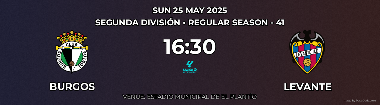 Burgos vs Levante Prediction match poster for Segunda División fixture on SUN 25 MAY 2025