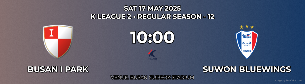 Busan I Park vs Suwon Bluewings Prediction match poster for K League 2 fixture on SAT 17 MAY 2025