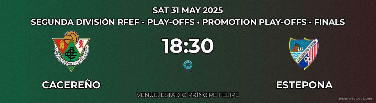 Cacereño vs Estepona Prediction match poster for Segunda División RFEF - Play-offs fixture on SAT 31 MAY 2025
