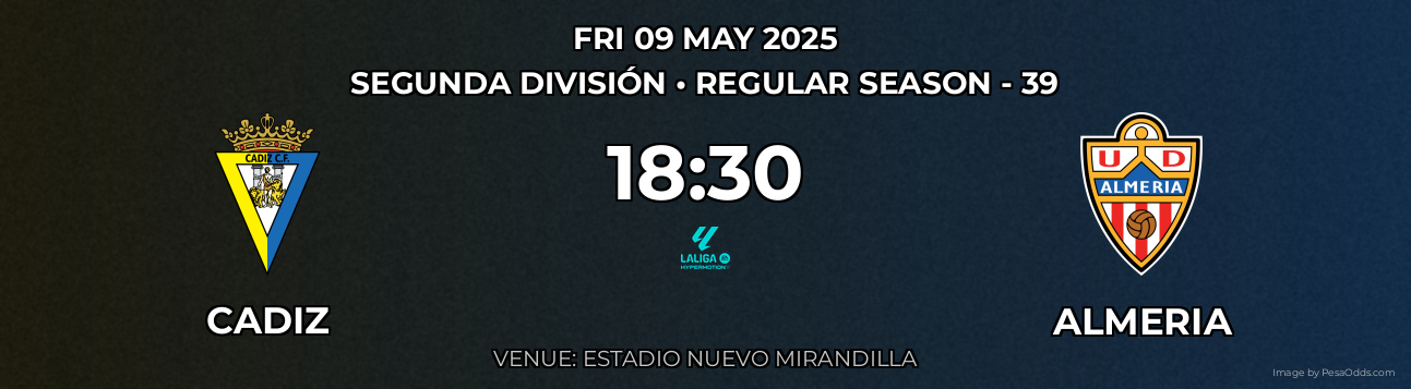 Cadiz vs Almeria Prediction match poster for Segunda División fixture on FRI 09 MAY 2025