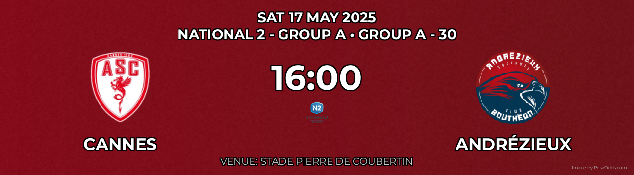 Cannes vs Andrézieux Prediction match poster for National 2 - Group A fixture on SAT 17 MAY 2025