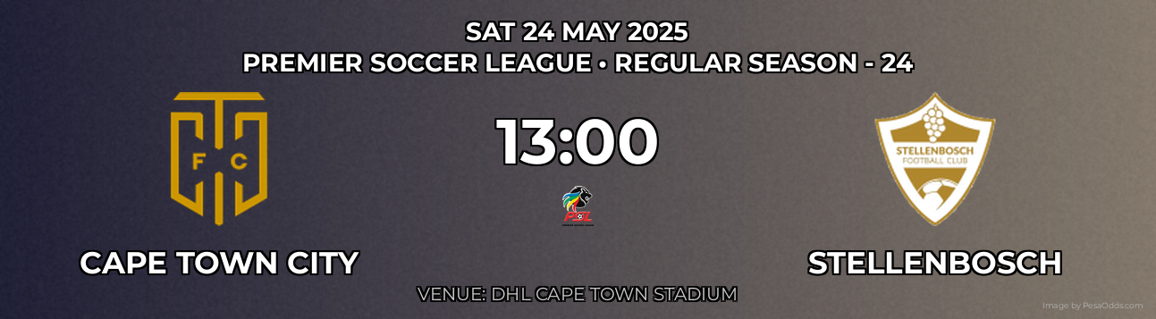 Cape Town City vs Stellenbosch Prediction match poster for Premier Soccer League fixture on SAT 24 MAY 2025