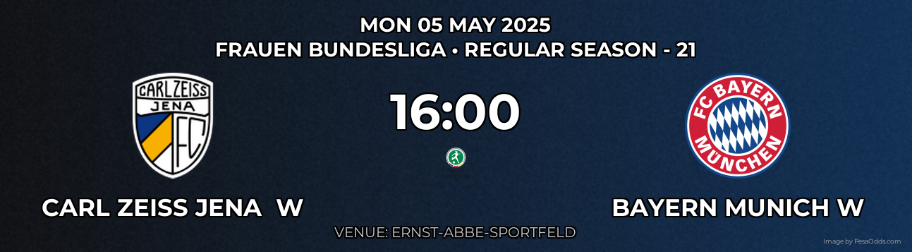 Carl Zeiss Jena W vs Bayern Munich W Prediction match poster for Frauen Bundesliga fixture on MON 05 MAY 2025