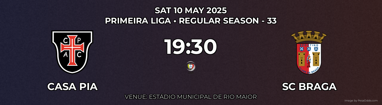Casa Pia vs SC Braga Prediction match poster for Primeira Liga fixture on SAT 10 MAY 2025