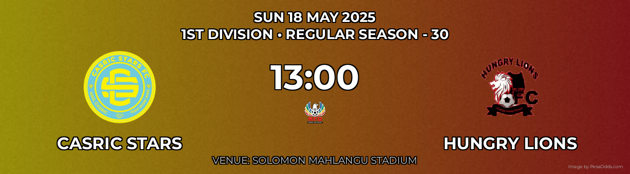 Casric Stars vs Hungry Lions Prediction match poster for 1st Division fixture on SUN 18 MAY 2025