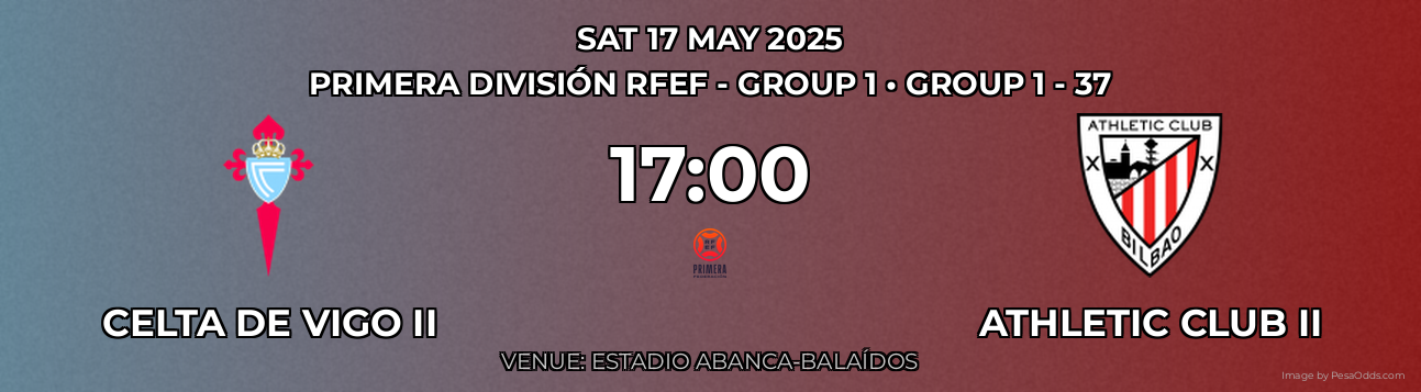 Celta de Vigo II vs Athletic Club II Prediction match poster for Primera División RFEF - Group 1 fixture on SAT 17 MAY 2025