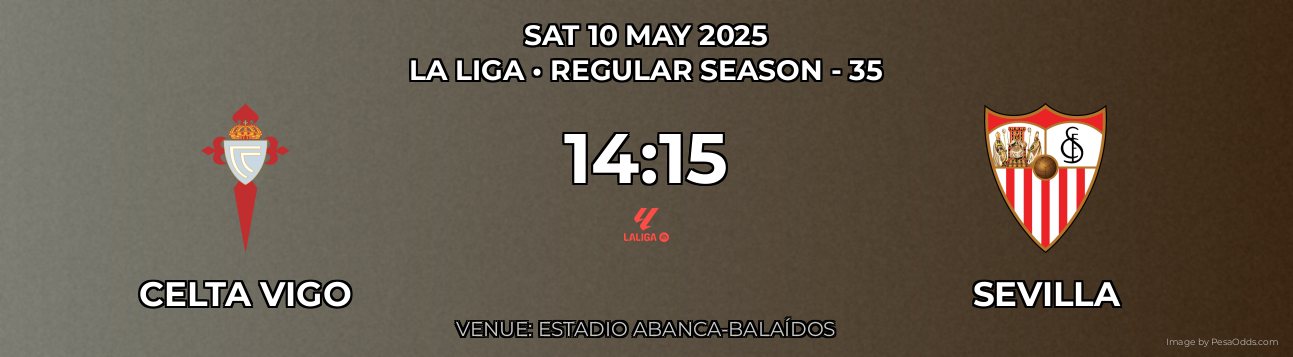 Celta Vigo vs Sevilla Prediction match poster for La Liga fixture on SAT 10 MAY 2025