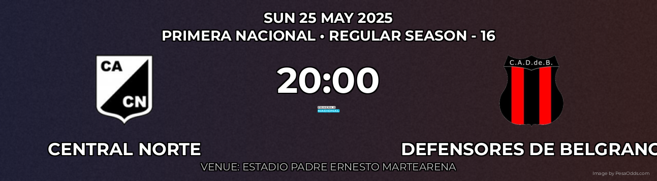 Central Norte vs Defensores De Belgrano Prediction match poster for Primera Nacional fixture on SUN 25 MAY 2025