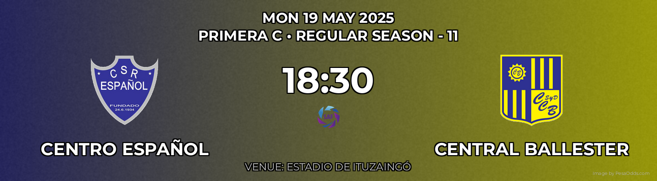 Centro Español vs Central Ballester Prediction match poster for Primera C fixture on MON 19 MAY 2025
