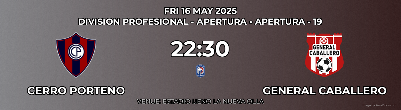 Cerro Porteno vs General Caballero Prediction match poster for Division Profesional - Apertura fixture on FRI 16 MAY 2025
