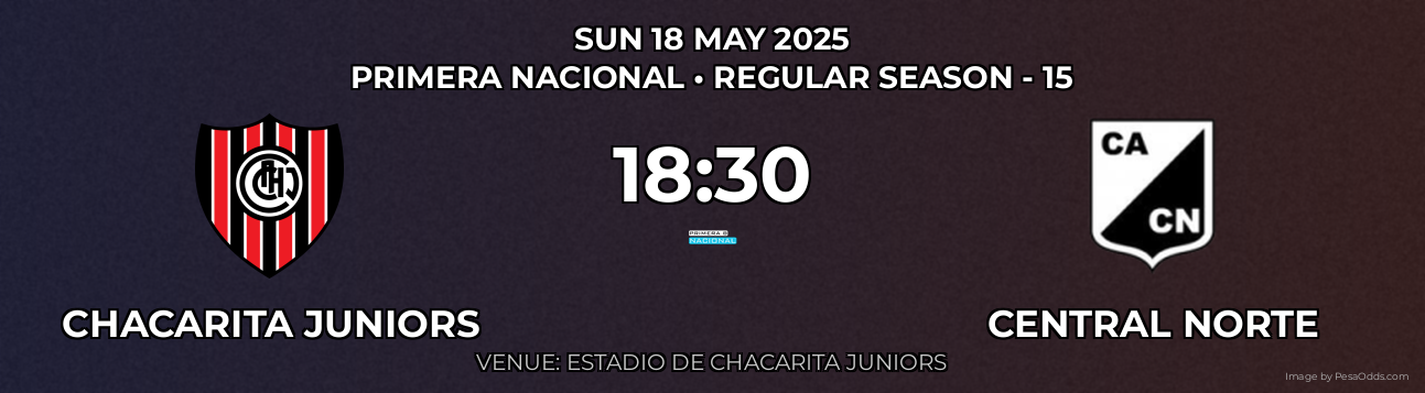 Chacarita Juniors vs Central Norte Prediction match poster for Primera Nacional fixture on SUN 18 MAY 2025