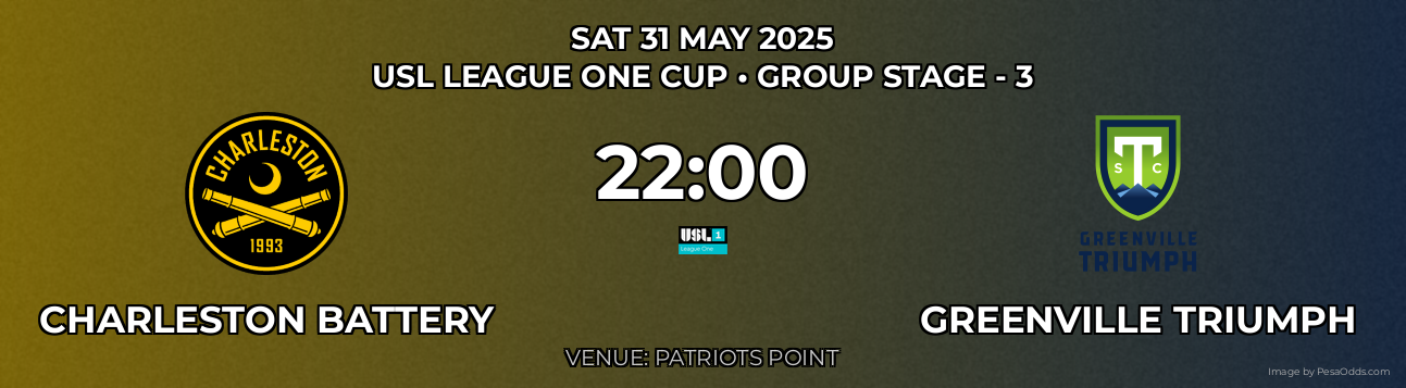 Charleston Battery vs Greenville Triumph Prediction match poster for USL League One Cup fixture on SAT 31 MAY 2025