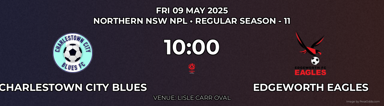 Charlestown City Blues vs Edgeworth Eagles Prediction match poster for Northern NSW NPL fixture on FRI 09 MAY 2025