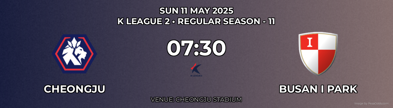 Cheongju vs Busan I Park Prediction match poster for K League 2 fixture on SUN 11 MAY 2025