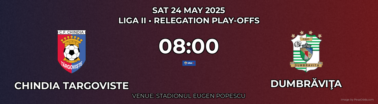 Chindia Targoviste vs Dumbrăviţa Prediction match poster for Liga II fixture on SAT 24 MAY 2025
