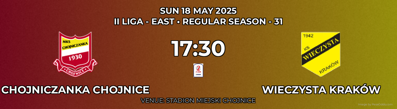 Chojniczanka Chojnice vs Wieczysta Kraków Prediction match poster for II Liga - East fixture on SUN 18 MAY 2025