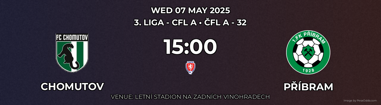 Chomutov vs Příbram Prediction match poster for 3. liga - CFL A fixture on WED 07 MAY 2025