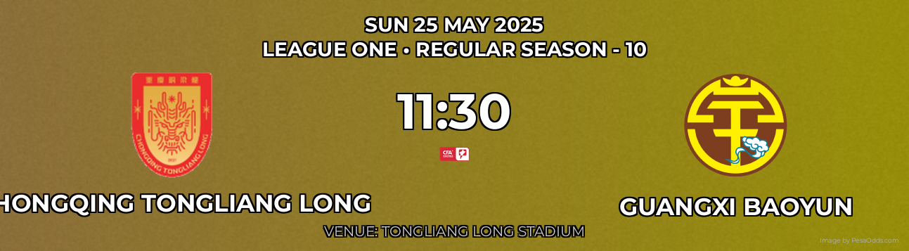 Chongqing Tongliang Long vs Guangxi Baoyun Prediction match poster for League One fixture on SUN 25 MAY 2025