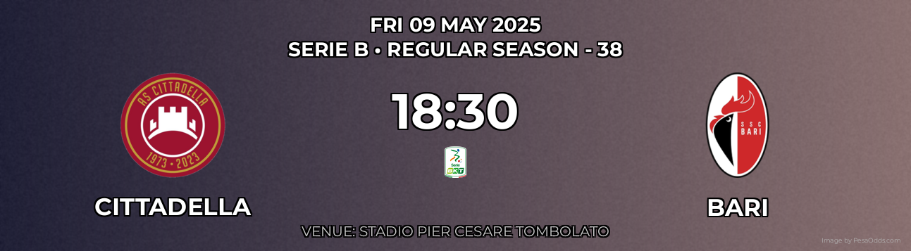 Cittadella vs Bari Prediction match poster for Serie B fixture on FRI 09 MAY 2025
