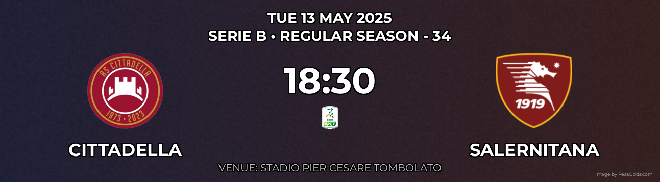 Cittadella vs Salernitana Prediction match poster for Serie B fixture on TUE 13 MAY 2025