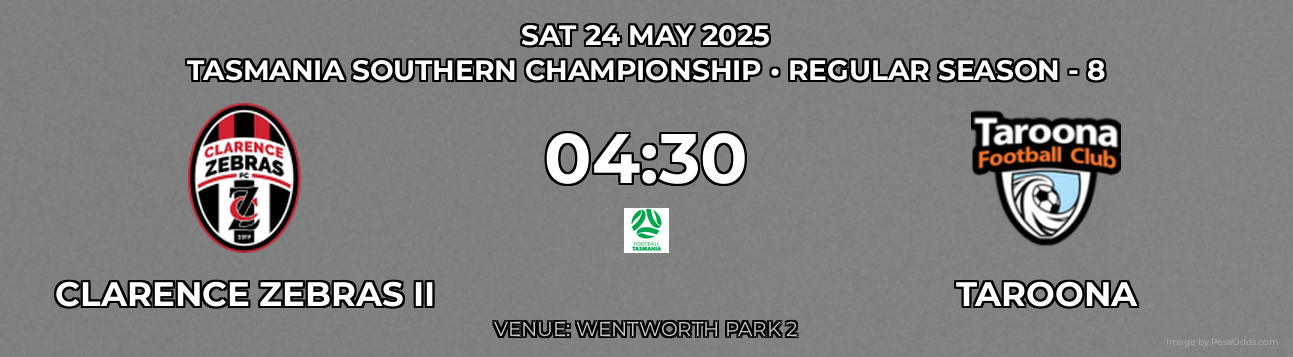Clarence Zebras II vs Taroona Prediction match poster for Tasmania Southern Championship fixture on SAT 24 MAY 2025