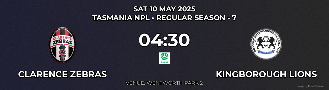 Clarence Zebras vs Kingborough Lions Prediction match poster for Tasmania NPL fixture on SAT 10 MAY 2025