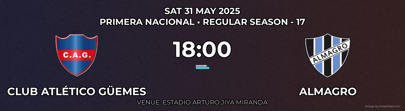 Club Atlético Güemes vs Almagro Prediction match poster for Primera Nacional fixture on SAT 31 MAY 2025