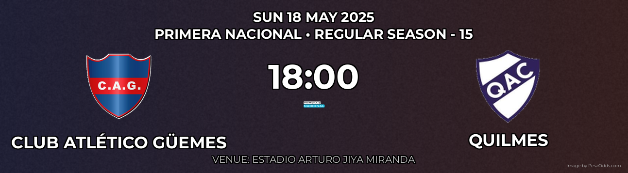 Club Atlético Güemes vs Quilmes Prediction match poster for Primera Nacional fixture on SUN 18 MAY 2025