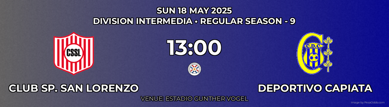 Club Sp. San Lorenzo vs Deportivo Capiata Prediction match poster for Division Intermedia fixture on SUN 18 MAY 2025