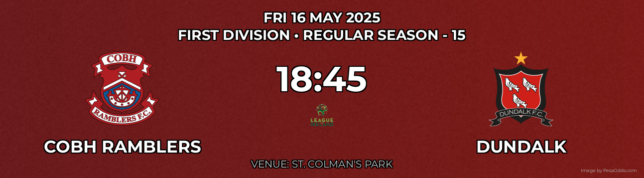 Cobh Ramblers vs Dundalk Prediction match poster for First Division fixture on FRI 16 MAY 2025