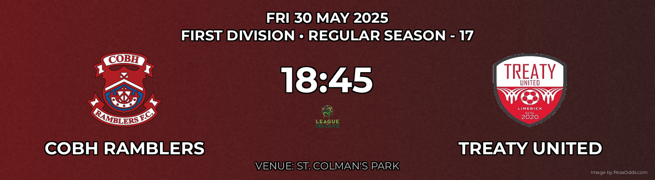 Cobh Ramblers vs Treaty United Prediction match poster for First Division fixture on FRI 30 MAY 2025