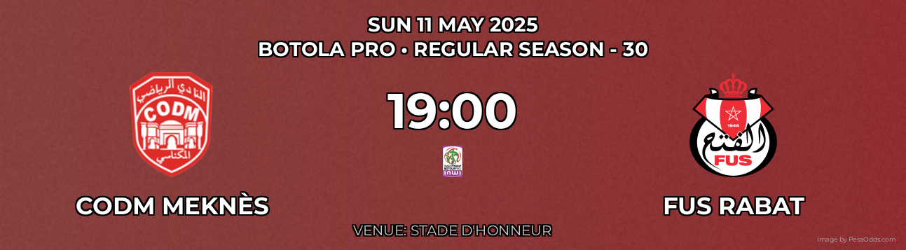 CODM Meknès vs FUS Rabat Prediction match poster for Botola Pro fixture on SUN 11 MAY 2025