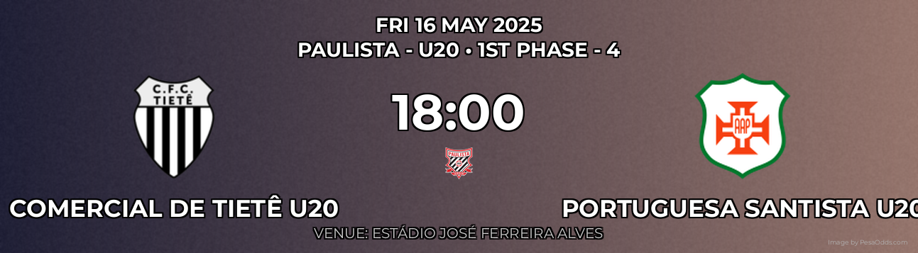 Comercial de Tietê U20 vs Portuguesa Santista U20 Prediction match poster for Paulista - U20 fixture on FRI 16 MAY 2025