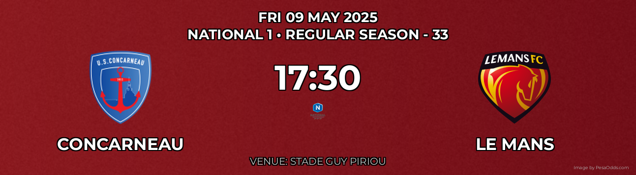 Concarneau vs Le Mans Prediction match poster for National 1 fixture on FRI 09 MAY 2025