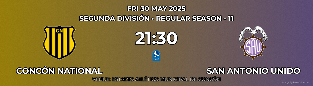 Concón National vs San Antonio Unido Prediction match poster for Segunda División fixture on FRI 30 MAY 2025